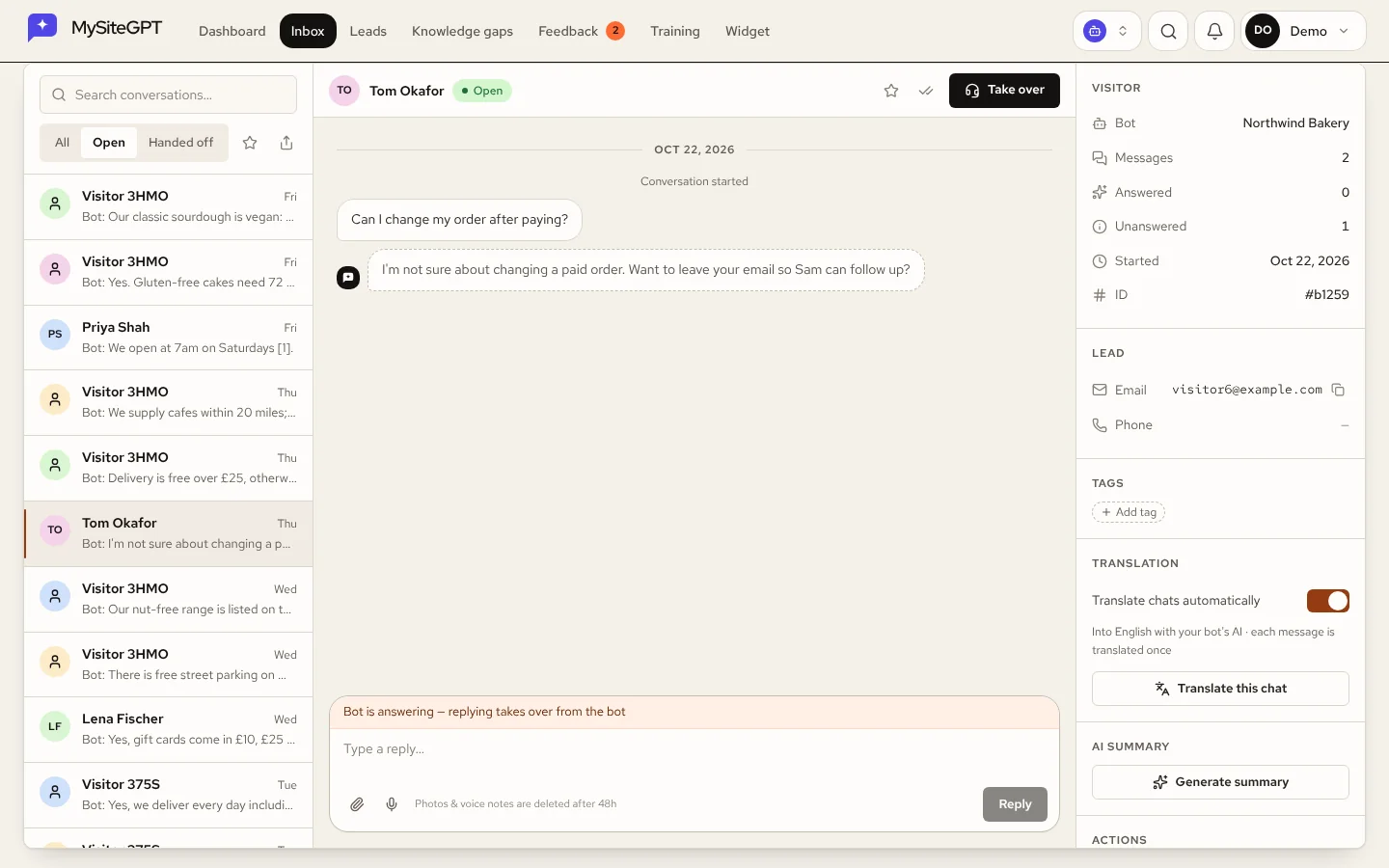 A conversation in the inbox where the bot says it is not sure and asks for the visitor's email, with the Take over button above