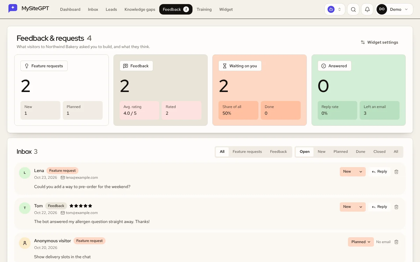 The Feedback page with visitor feature requests and ratings, each marked New or Planned with a reply button